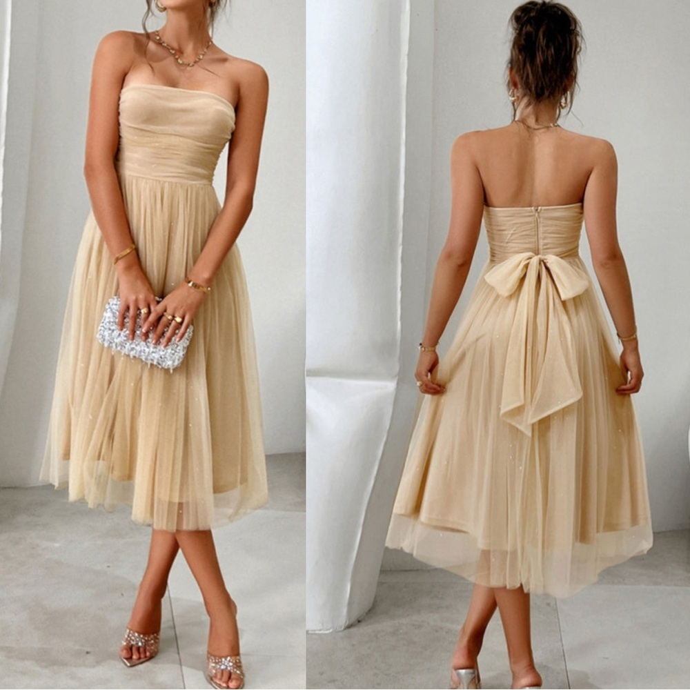 Apricot Straple Mesh Tulle Sparkling High Waist Evening Dress